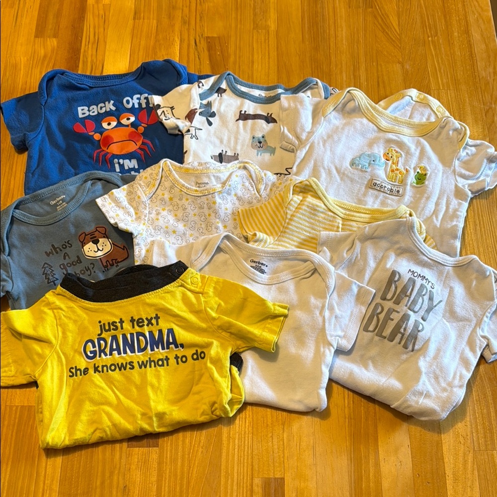 3-6 Assorted Baby Onesies - Blue, Yellow, White